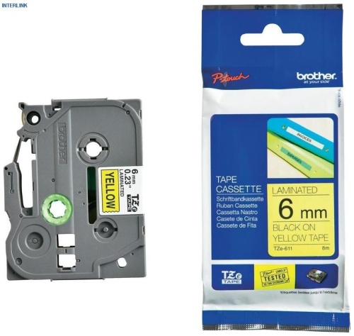 Самоклеящаяся непрерывная ламинированная лента Brother черн/жел (шир. 6 мм), TZe611 Самоклеящаяся непрерывная ламинированная лента Brother черн/жел (шир. 6 мм), TZe611